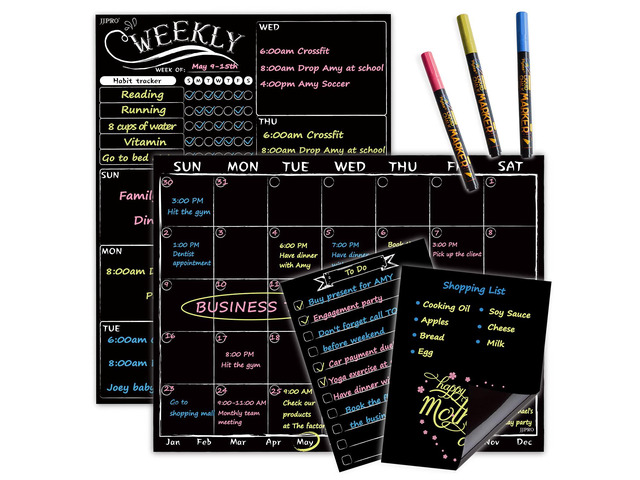 Magnetic Chalkboard Monthly Calendar - Weekly Planner Blackboard Combo Set w/Neon Bright Liquid Chalk Markers - Bonus Grocery List and Notepad...
