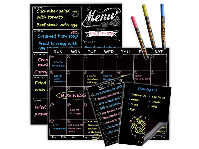 Magnetic Chalkboard Monthly Calendar - Weekly Meal Planning Blackboard Combo Set with Neon Bright Liquid Chalk Markers - Bonus Grocery List and...