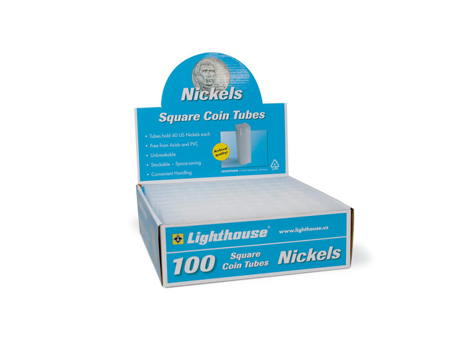 LIGHTHOUSE - Square Coin Tubes - Convenient Push Top, Virtually Unbreakable, Acid Free and Archival Quality - Coin Tubes for US Nickels, 100 Pack