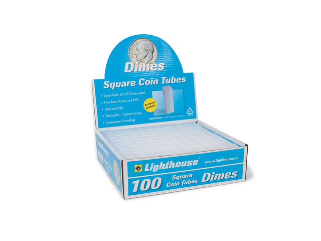 LIGHTHOUSE - Square Coin Tubes - Convenient Push Top, Virtually Unbreakable, Acid Free and Archival Quality - Coin Tubes for US Dimes, 100 Pack