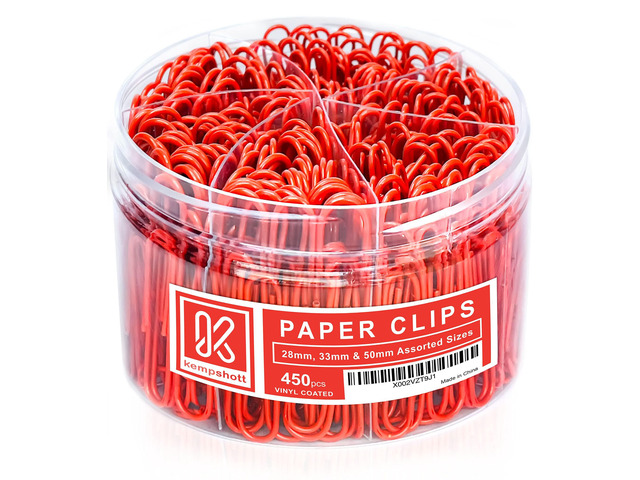 450 Red Color Paper Clips Assorted Sizes Small, Medium and Large Paper Clips for Paperwork Ideal for Home, School and Office Use (Assorted, Red)