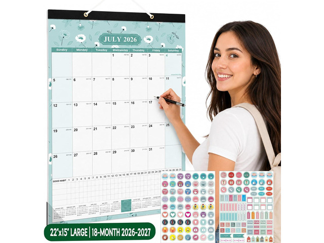Large Wall Calendar 2026-2027, 18 Months, Jul 2026-Dec 2027, 15x22, Floral Habit Tracker, Wall or Desk Use, Bonus Planning StickersSpacious Writing...