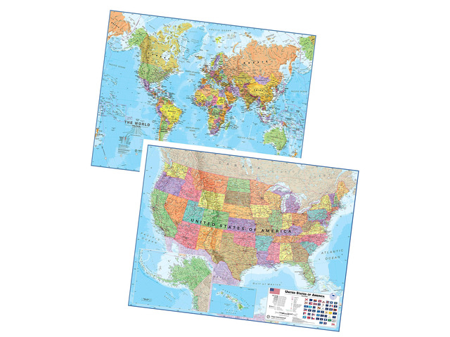 Laminated World Map & US Map Poster Pack - 17 x 22 in - of the World - & United States - Detailed Cartography