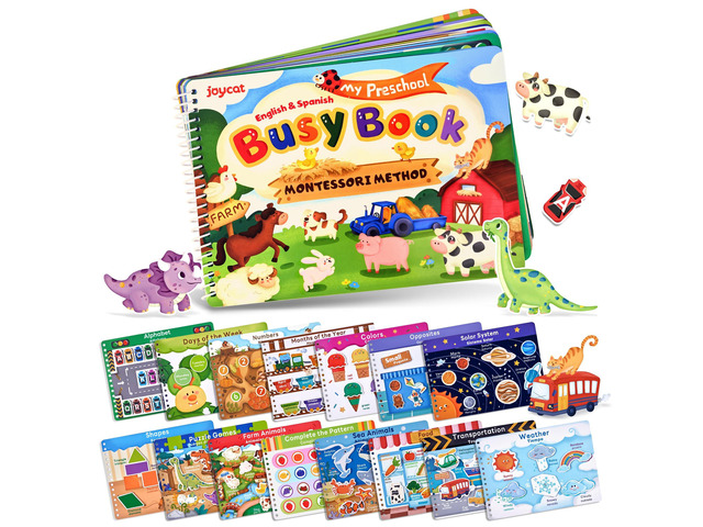 Preschool Busy Book for Toddlers Ages 3-5, English and Spanish 15 reusable themes with letters, numbers, colors and matching as autism learning...
