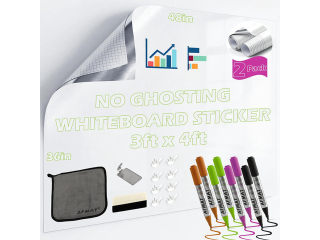 2 Pack Whiteboard Sticker for Wall, 48' x 36' White Boardpaper, Upgrade PET Dry Erase Wallpaper with 6 Markers, Super Sticky & No Ghost, Peel and...