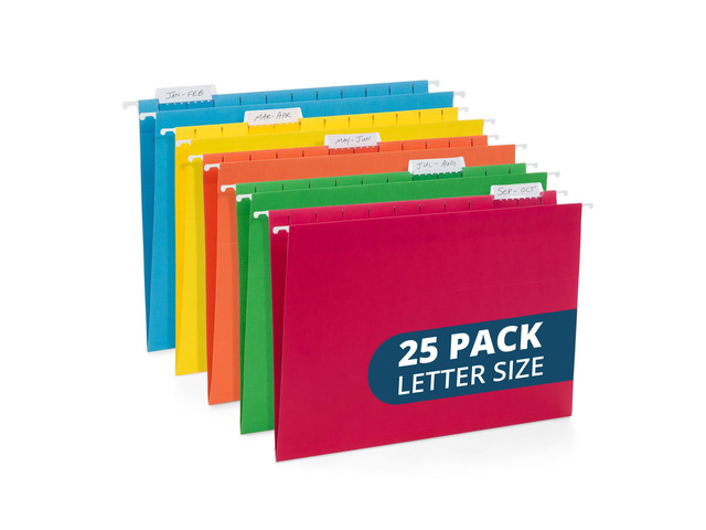 25 Hanging File Folders, Letter Size, Assorted Colors Includes Tabs and Labels; Reinforced Edges for Durable Color-Coded Filing and Organization in...
