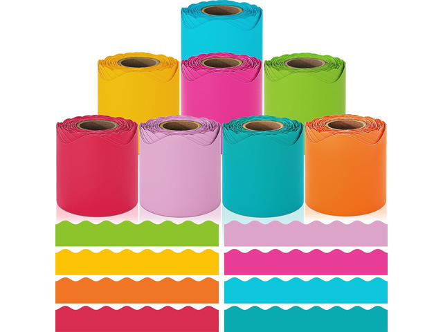 Bulletin Board Borders, 8 Rolls 262.4 Ft, Bright Bulletin Board Decorations Rainbow Scalloped Trim, Back to School Classroom Decor, Chalkboard Wall...