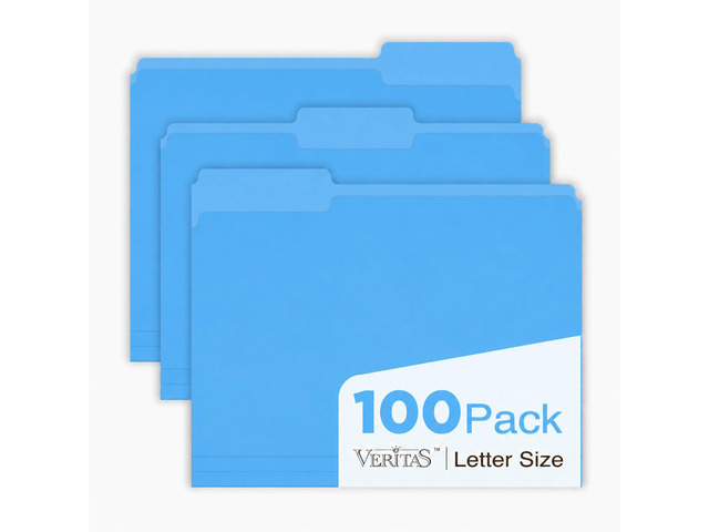 Blue File Folders 100 Pack, Letter Size 8.5 x 11, 1/3-Cut Tab Colored File Folders, Durable Everyday Folders for Office, School, Home & Business...