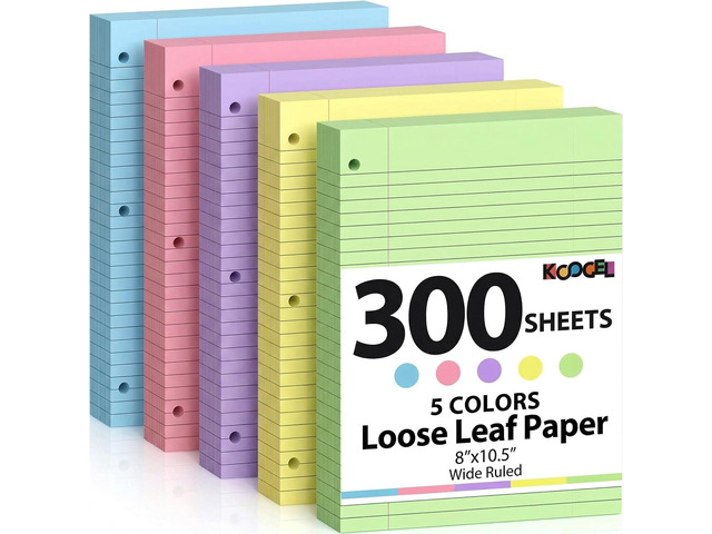 300Sheets Loose Leaf Paper, 8 x 10.5Inch Filler Notebook Lined Paper Wide Ruled, 5 Color, 3 Hole Punch Lined Writing Notebook for 3 Ring Binders...
