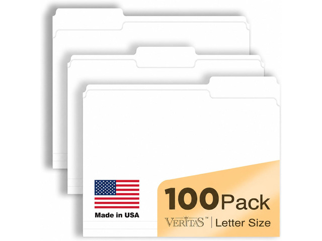 White File Folders 100 Pack, Letter Size 8.5 x 11, 1/3-Cut Tab Folders, 12PT Durable Paper Folders for Office, School & Home Filing, Made in USA