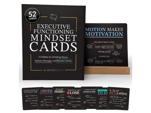 Executive Functioning Mindset Cards 52 Daily Habit Cards for Focus, Organization & Follow Through for Kids, Teens & Adults Includes Wooden...