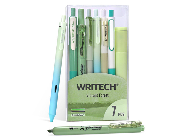 Gel Pens Journaling Highlighters: 0.5 & 0.7mm Green Journal Set 7ct Black & Multicolor Pen Highlighter No Bleed Smooth Writing for Drawing...