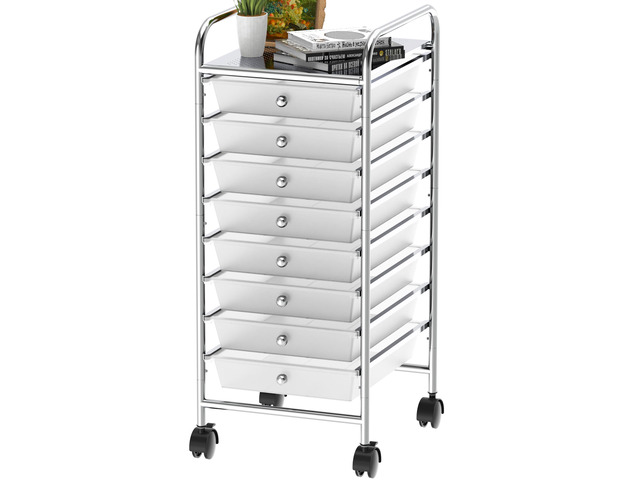 8 Drawers Rolling Utility Cart Art Craft Storage, Chrome 1-Column, 30.25' Height, Lockable Wheels, for School, Office, Art Craft, and Paper Storage