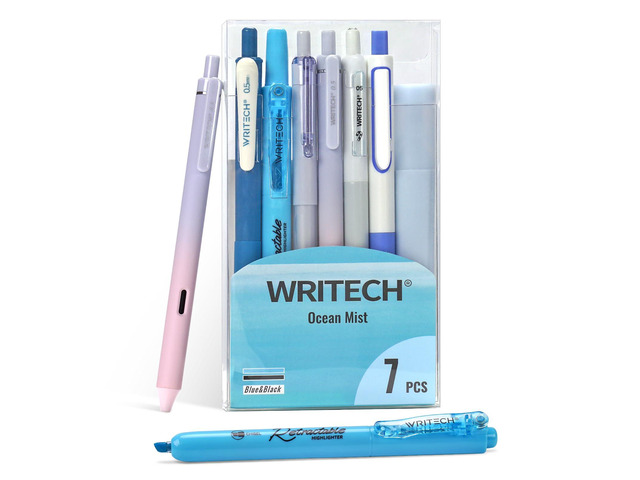 Gel Pens Journaling Highlighters: 0.5 & 0.7mm Blue Journal Set 7ct Black & Multicolor Pen Highlighter No Bleed Smooth Writing for Drawing...