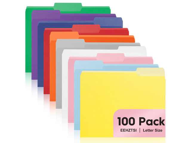 100-Pack Color File Folders, 1/3 Cut Tab, Assorted 10 Colors Letter Size Manilla Folder for School/Office/Classroom
