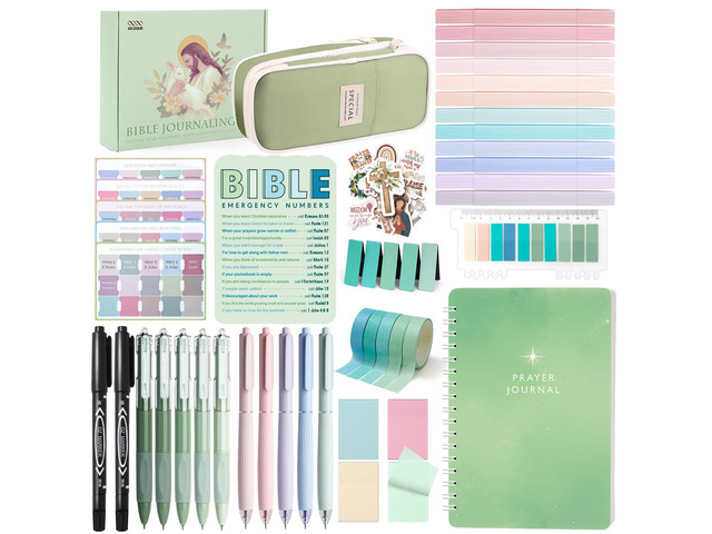 50 Bible Study Supplies Journaling Kit with Journal and Case, Green Bible Study Journaling Kit for Women, Deluxe Gift Box with Bible Accessories...