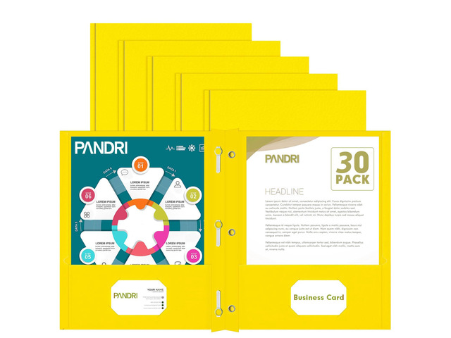 30 Pack Two Pocket Paper Folders with Prongs, Letter Size (Yellow) 3 Prong Folders with Pockets, Paper, 3 Hole Punched, For School, Office, Home,...