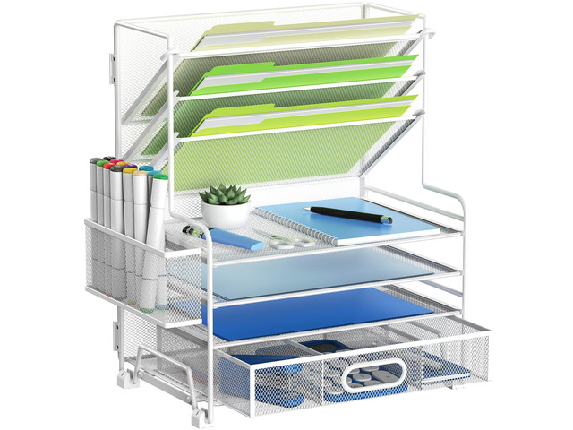 4-Tier Paper Organizer + 3-Pocket File Holder + Drawer + Pen Holders, Desktop File Organizers Paper Tray for Office Supplies School Classroom...