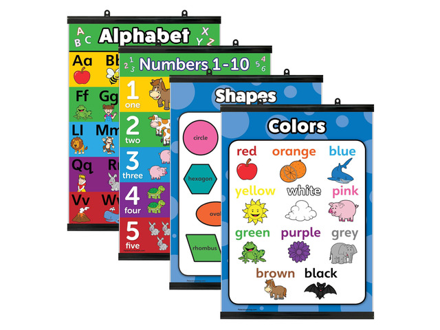 4 pack - ABC Alphabet + Numbers 1-10 + Shapes + Colors Poster Set - Toddler Educational Charts (LAMINATED, 18' x 24')