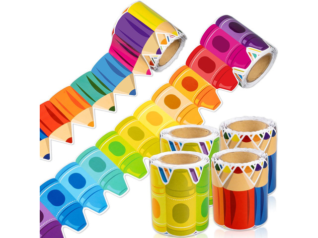 104ft Bulletin Board Border Decorations - 4 Rolls Rainbow Pencil Crayon Border Trim for School Classroom Chalkboard Bulletin Board Wall Window Door...