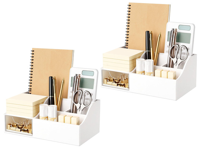 Acrylic Desk Organizer with Drawer, Pen & Pencil Holder, Multifunctional Desktop Caddy for Office Supply and Organization (White, 2 Pack)
