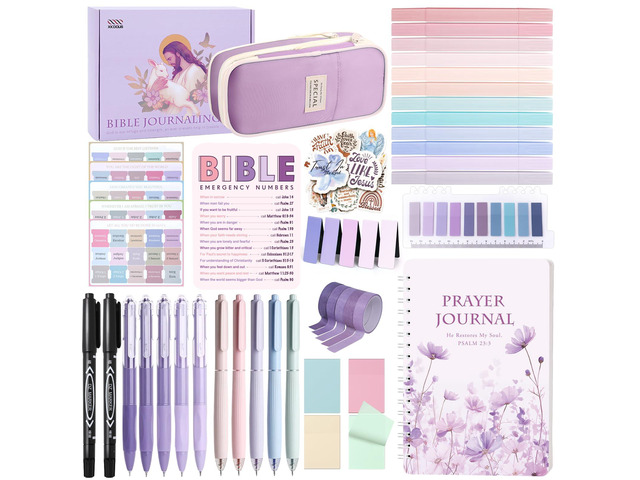 50 Bible Study Supplies Journaling Kit with Journal and Case, Purple Bible Study Journaling Kit for Women, Deluxe Gift Box with Bible Accessories...