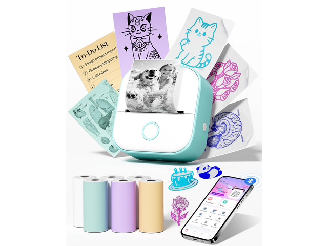 Mini Sticker Printer T02 Mini Thermal Printer with 6 Rolls Paper Bluetooth AI Sticker Maker for Kids, Sticker Printer Gift for Teen Girls & Boys,...