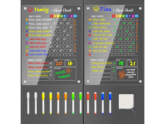 Acrylic Magnetic Chore Chart for Kids, Large 12x16 Inch, 2 Pack Clear Dry Erase Fridge Chore and Reward Board for Multiple Kids and Teens; Embedded...