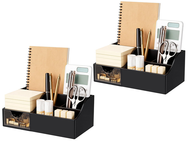 Acrylic Desk Organizer with Drawer, Pen & Pencil Holder, Multifunctional Desktop Caddy for Office Supply and Organization (Black, 2 Pack)