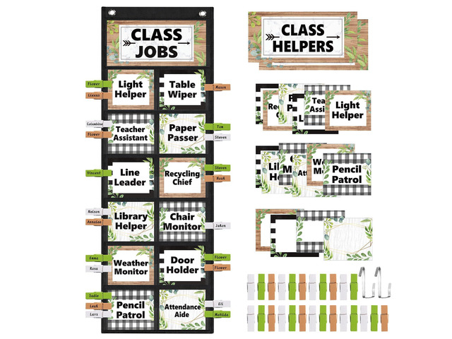 Plant Class Jobs Pocket Chart Class Helpers Pocket Chart Greenery Classroom Jobs Cards with Clips and Hooks Teacher's Helper Bulletin Board Set,...