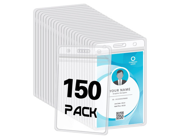 150 Pack Vertical Id Badge Holders, Clear Waterproof PVC, Resealable 4.5 x 2.7 In, Transparent Scan-Through Design, Zip Seal, For Office Staff,...