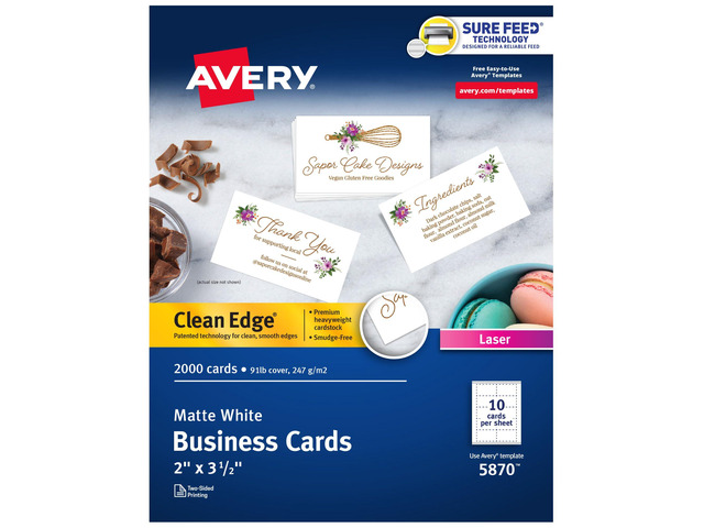 Clean Edge Printable Business Cards, Sure Feed Technology, 2' x 3.5', White, 2,000 Blank Cards for Laser Printers (5870)