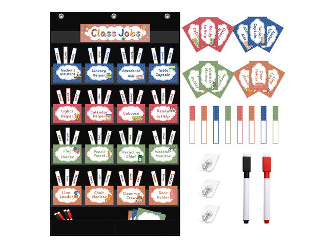 Class Jobs Pocket Chart with 17 Pockets and 2 Storage Bags,73 Cards Class Management Educational Pocket Chart Teacher's Helper Size: 32.6' L x 19.6...