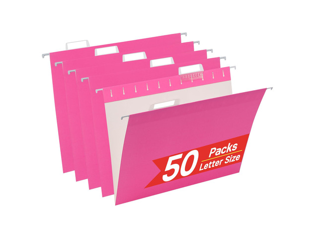 50 Pack Hanging File Folders,Letter Size File Folder,Pink Hanging Folders for Filing Cabinet,Reinforced Rods for Smooth Gliding,Includes 1/5...