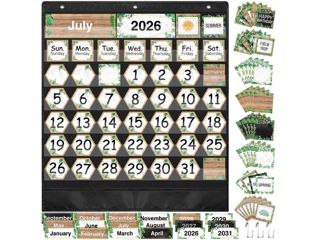 Greenery Classroom Calendar Pocket Chart Set Calendar Decoration Calendar Bulletin Board Set with Pocket Seasons Festival Weather Date Bag Chart...