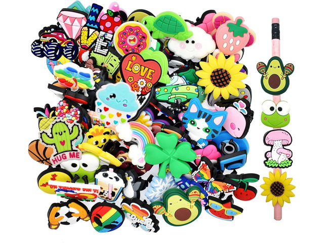 YEALQU 100PCS Random Different Pencil Topper Decoations Cute PVC Pencil Toppes Lovely Black Clip for Pupil/Junior Students Gifts Awards