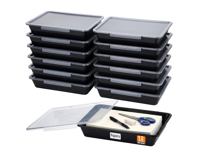 12 Pcs Classroom Paper Storage Bins with Clear Latching Lids Labels, Letter Size Stackable Flat Trays Container Paper Organizer for Teacher Back to...