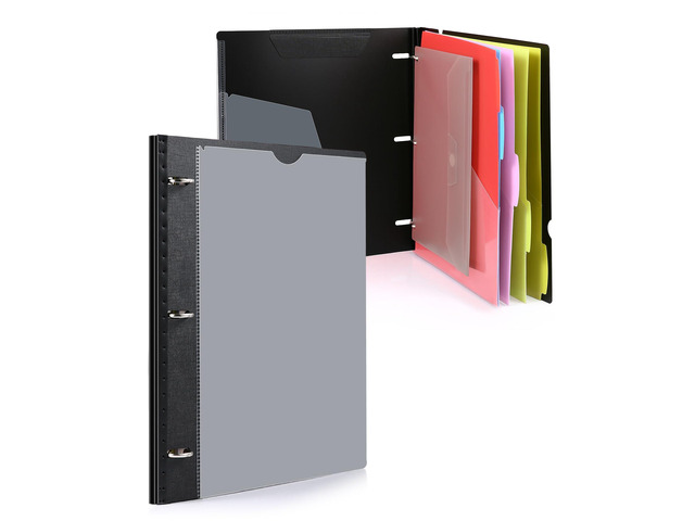 Telescoping Project Organizer, 1 Inch 3 Ring Binder, Black Clear Front Pocket / Tabbed Catalog Pocket / 5-Tab Pocket Dividers / 1 Plastic Binder...