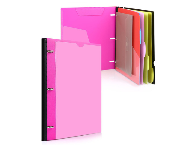 Telescoping Project Organizer, 1 Inch 3 Ring Binder, Pink Clear Front Pocket / Tabbed Catalog Pocket / 5-Tab Pocket Dividers / 1 Plastic Binder Pocket