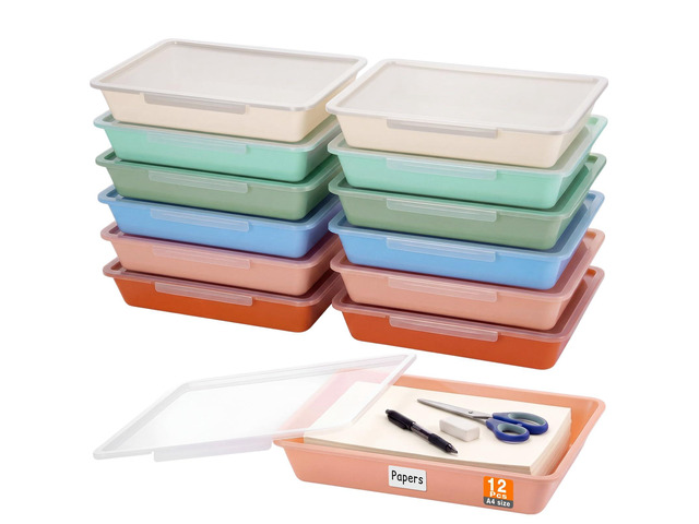 12 Pcs Classroom Paper Storage Bins with Clear Latching Lid, Label Stackable Letter Size Flat Tray Container for Teacher Back to School Supplies...