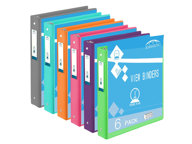 3 Ring Binders,1 Round Ring, Holds 8.5 * 11inch Papers, with 2 Pockets,6 Colors Binder Assorted Pack