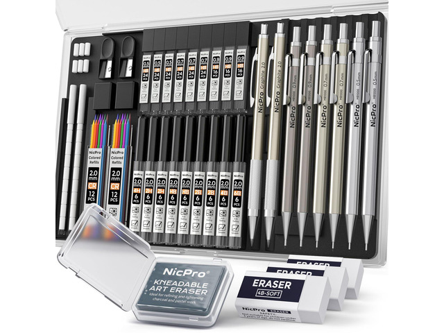 37PCS Art Mechanical Pencil Set, Metal Drafting Pencils 0.5 mm, 0.7 mm, 0.9 mm & 2mm Lead Pencil Holder (6B 4B 2B HB 2H 4H Colors) For Sketching...