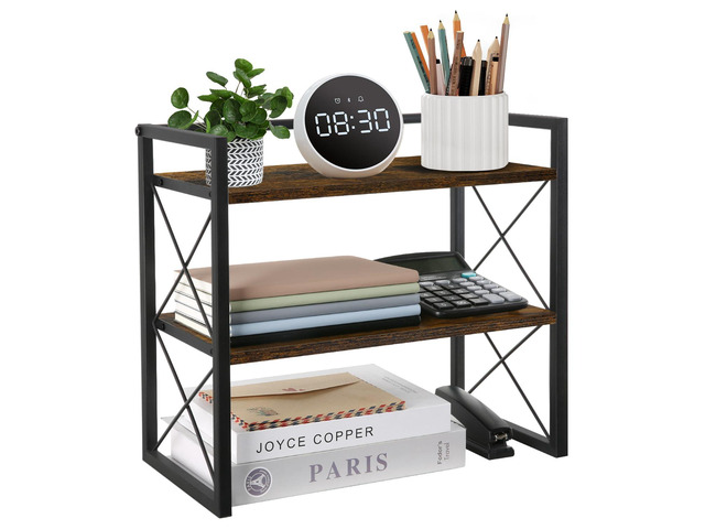 Desktop Shelf Organizer, 2 Tier Office Shelves, Wood Desk Organizer Storage Rack and Freestanding Display Shelf for Office, Dormitory, Home