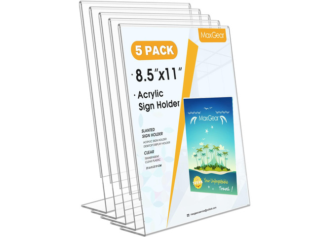 Acrylic Sign Holder, 8.5 x 11 Slant Back Display Stand, 5 Pack Clear Acrylic Material, L-Shape Design for Menus, Flyers and Signs, Easy Paper...