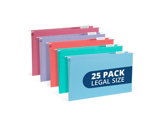 25 Hanging File Folders, Legal Size, Gem Tones Reinforced 11pt, 1/5 Cut Tabs, Tabs and Inserts Included, Color-Coded Filing for Cabinet, Home, and...