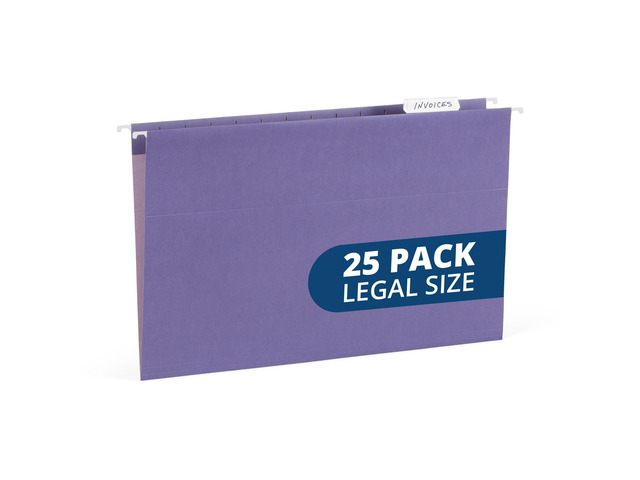 25 Hanging File Folders, Legal Size, Purple Reinforced 11pt, 1/5 Cut Tabs, Plastic Tabs and Inserts Included, for Filing Cabinet, Home, and Office Use