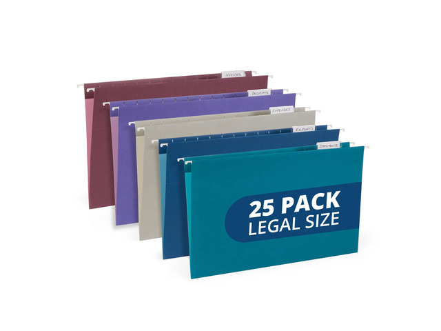 25 Hanging File Folders, Legal Size, Jewel Tones Reinforced 11pt, 1/5 Cut Tabs, Tabs and Inserts Included, Color-Coded Filing for Cabinet, Home,...