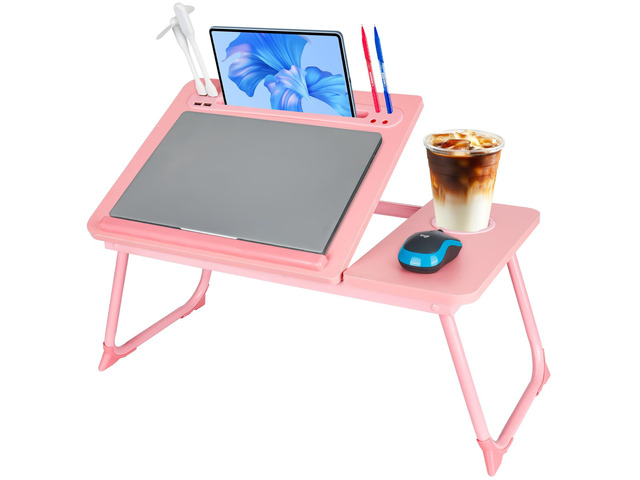 Laptop Bed Desk, Adjustable Lap Desk, Small Laptop Table with USB Charge Port, Desktop Card &Pen Slot, Cup Holder, Foldable Bed Tray Table for...