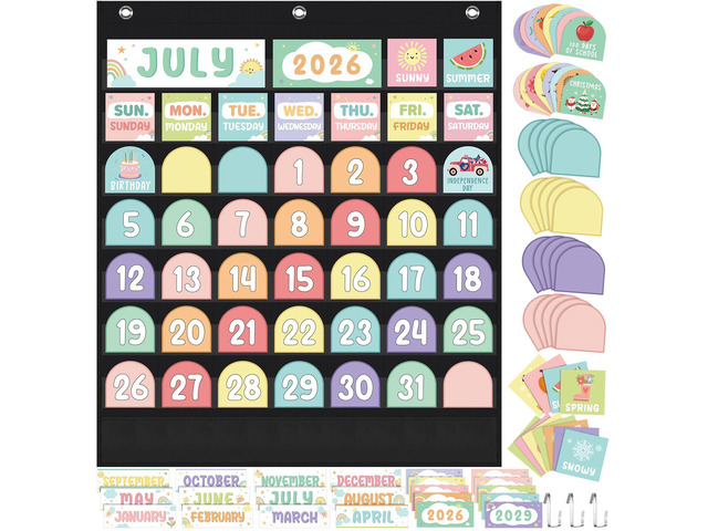 Classroom Pocket Chart Calendar Black Pastel Back to School Set Date Weather Season Festival Cards, Flip Chart Design, Bulletin Board for Teachers...