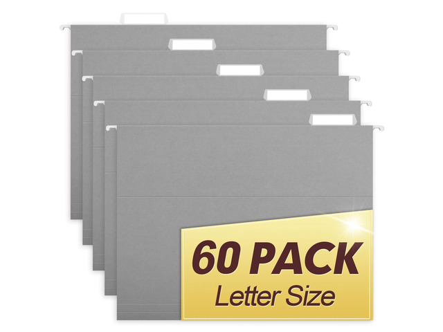 Hanging File Folders, 60 Pack Reinforced Letter Size Hanging Folders, Designed for Bulky Files, Filing Cabinet, 1/5-Cut Adjustable Tabs (Gray)